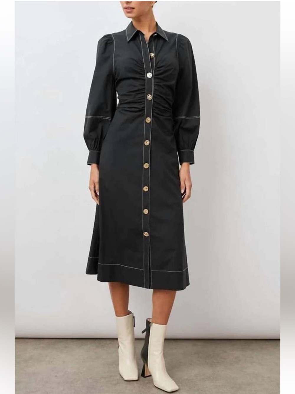 NWOT Rails Long Sleeve Ruched Button Up Kimber Midi A-Line Dress Black Small